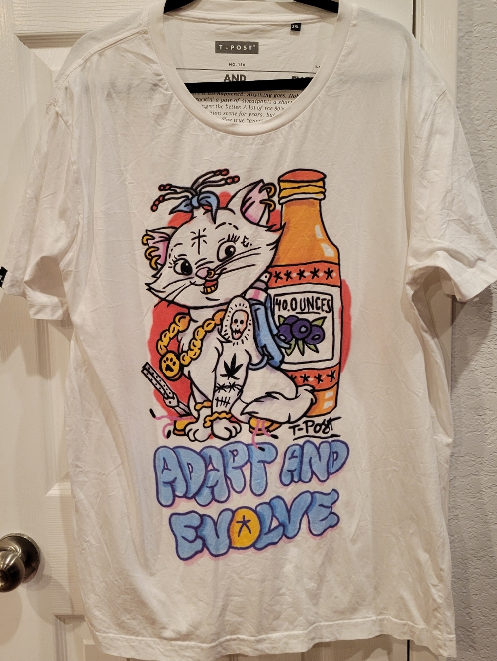 T-Post White Graphic Tee with Colorful Cat & Bottle Artwork